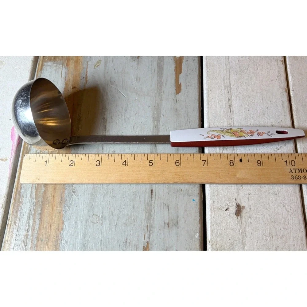 Vintage STANLEY Stainless Steel Ladle USA Cornucopia Fruit Harvest Print MCM